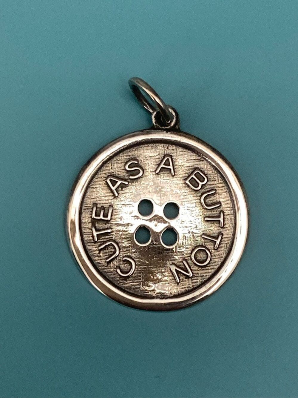 .925 Button with Saying Cute as a Button Sterling Silver Jewelry Charm #vintage